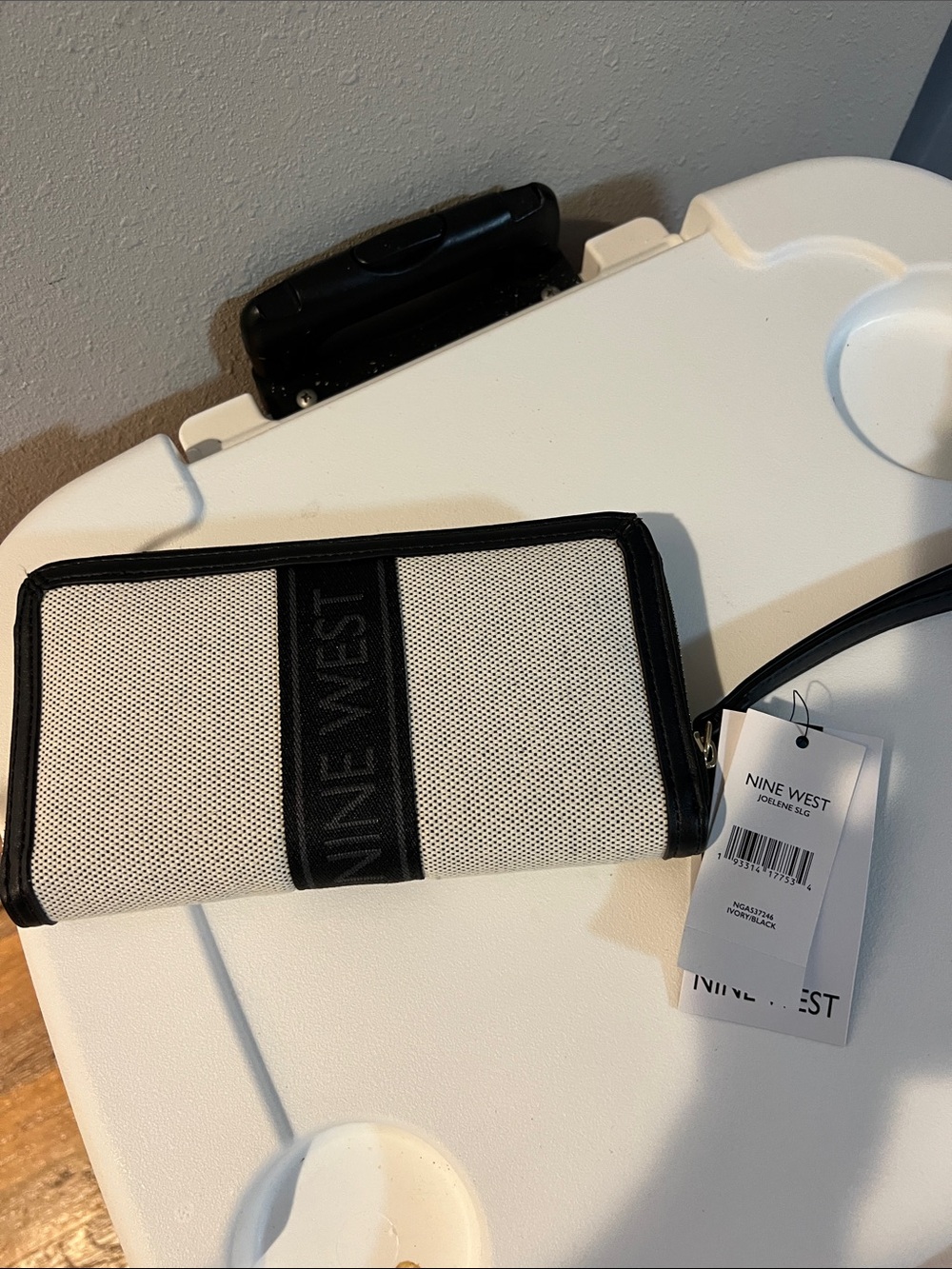Nine West Black and White Textured Zip Wallet with Wrist Strap